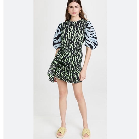 Rhode Pia Tiger Print Color block Wrap Ruched Mini Puff Sleeve Dress - Picture 2 of 13